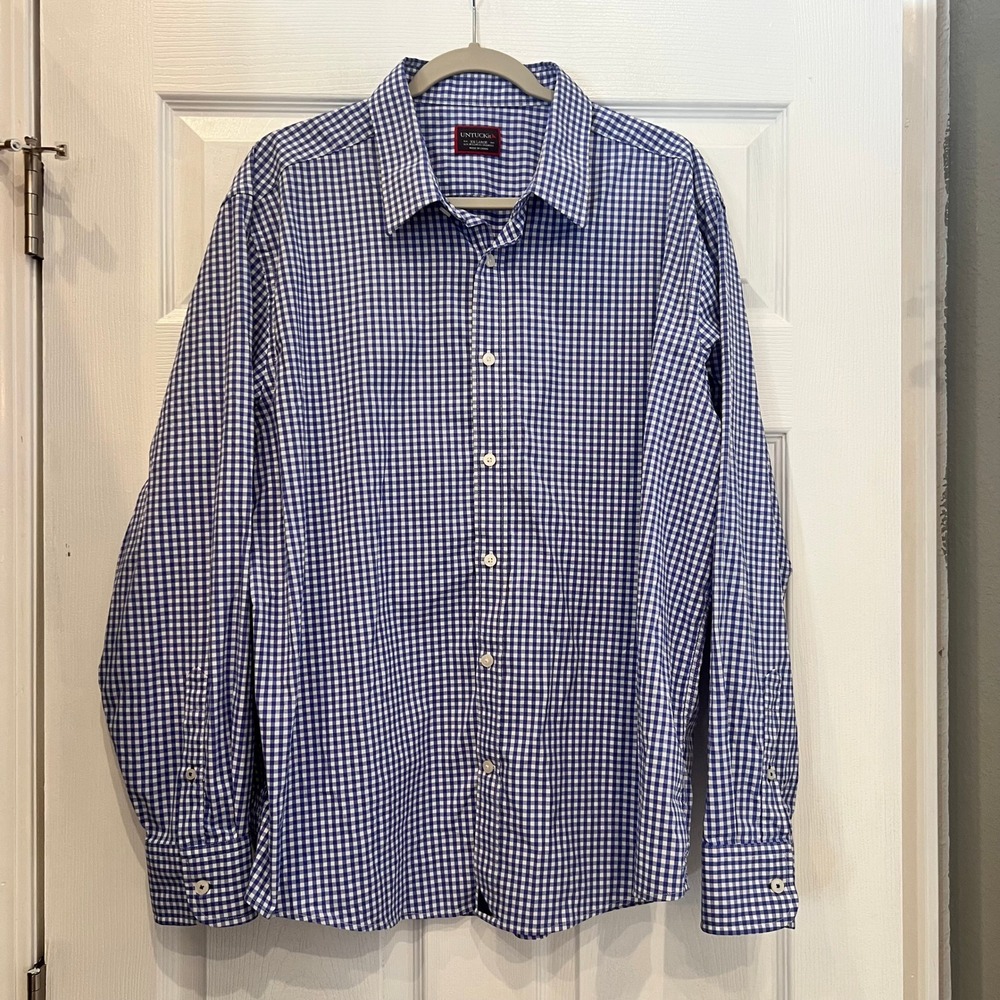 UNTUCKit Button Down Shirt Nylon Spandex Blue White Gingham Preppy Coastal XXL